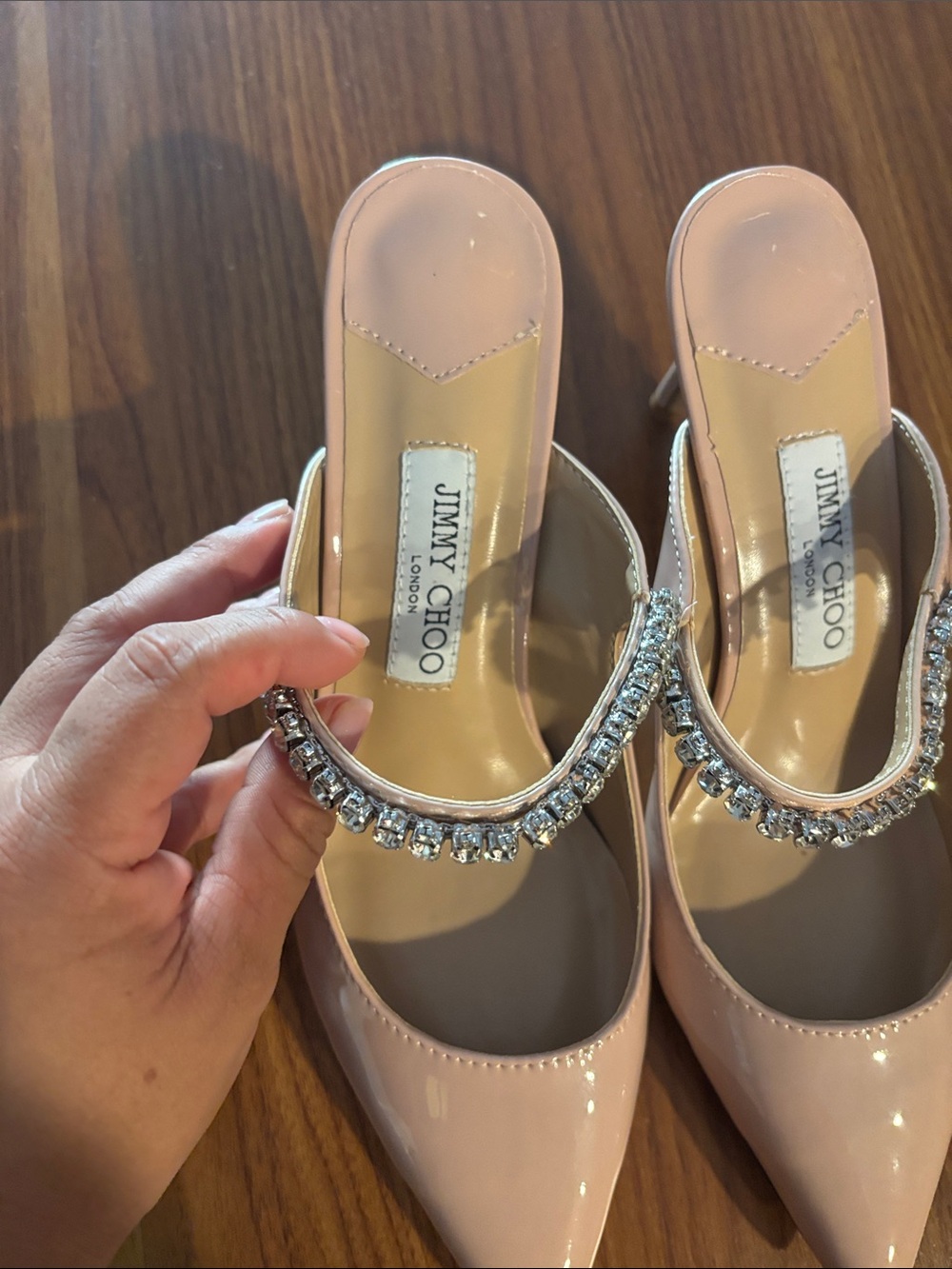 Jimmy Choo Bing Crystal Patent Leather Pointed Toe Heels Nude/Pink Size 41
